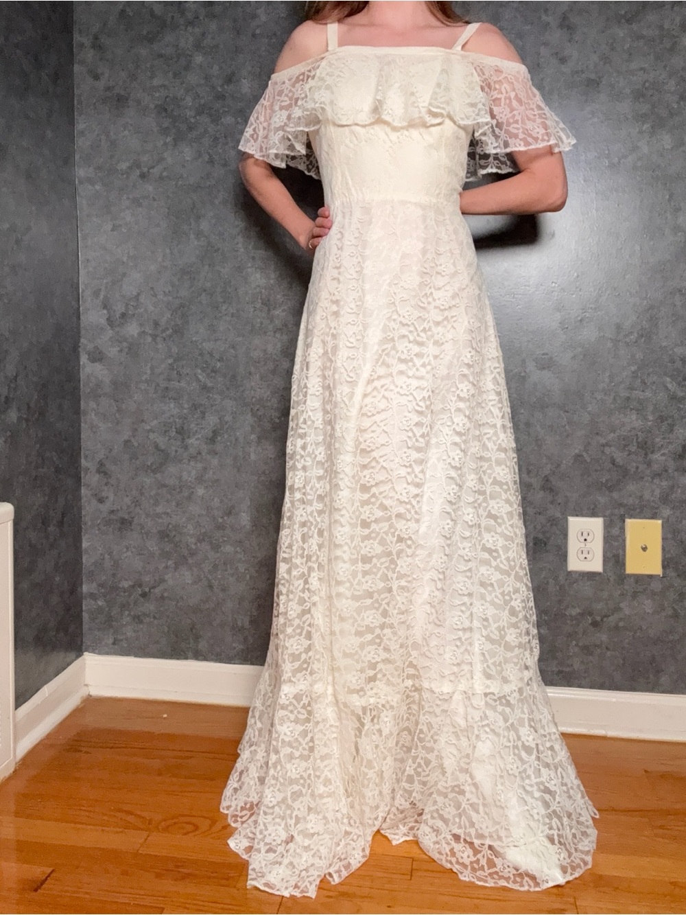 Vintage 1970s ILGWU Full Lace Off-Shoulder Wedding Gown
